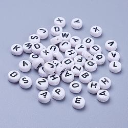 Acrylic Horizontal Hole Letter Beads, Random Mixed Letters, Flat Round, White, 7x4mm, Hole: 1.8mm, about 3500pcs/Bag(OACR-E001-19)