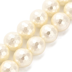 Shell Pearl Beads Strands, Grade A, Faceted Round, Seashell Color, 12mm, Hole: 0.8mm, about 33pcs/strand, 15.43''(39.2cm)(BSHE-XCP0001-34)