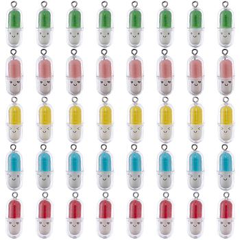 40Pcs 5 Colors Translucent Plastic Pendants, Pill Capsule Charm, with Platinum Tone Iron Loops, Mixed Color, 29x10.5mm, Hole: 2mm, 8pcs/color