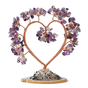 Natural Amethyst Chips Heart Tree Decorations, Copper Wire Feng Shui Energy Stone Gift for Women Men Meditation, 150x150mm