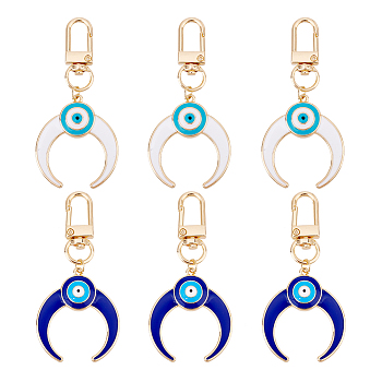 4Pcs 2 Colors Alloy Enamel Turkish Evil Eye Pendant Decoration, with Iron Swivel Clasps, Clip-on Charms, for Keychain, Purse, Backpack Ornament, Stitch Marker, Double Horn/Crescent Moon, Mixed Color, 7.7cm, 2pcs/color