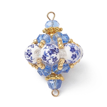 Oriental Blue and White Porcelain Style Lantern Beaded Links Connector Charms, with Glass Seed Beads, Golden, 35x23mm, Hole: 2mm