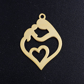 Ion Plating(IP) 304 Stainless Steel Pendants, Heart with Mother and Child, for Mother's Day, Real 18K Gold Plated, 24x17x1mm, Hole: 1.5mm