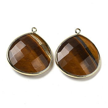 Natural Tiger Eye Pendants, with Golden Brass Edge, Faceted, Undyed, Teardrop, 28x25x6mm, Hole: 1.6mm