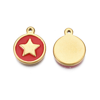 304 Stainless Steel Enamel Pendants, Real 18K Gold Plated, Flat Round with Star, Dark Red, 19x15x2.5mm, Hole: 1.6mm