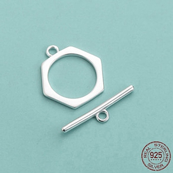 Rack Plating 925 Sterling Silver Toggle Clasps, Hexagon, Silver, Hexagon: 13.2mm, Hole: 1.4mm, Bar: 16.8mm, Hole: 1.4mm
