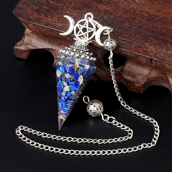 Natural Lapis Lazuli Chip & Resin Orgonite Dowsing Pendulum Big Pendants, with Platinum Plated Metal Triple Moon Pentagram, Hexagonal Cone Charm Charm, 300mm
