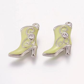 Alloy Enamel Pendants, Cadmium Free & Lead Free, with Rhinestones, Platinum Color, Boot, Pale Green, about 16mm wide, 21mm long, hole: 1mm