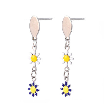 Flower Enamel Long Dangle Stud Earrings, Stainless Steel Color Plated 304 Stainless Steel Jewelry for Women, Dark Blue, 38x6mm, Pin: 0.8mm
