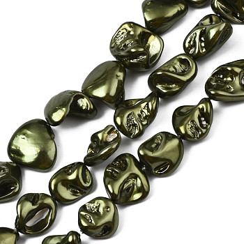 Electroplated Natural Freshwater Shell Beads, Nuggets, Olive, 20x13x7mm, Hole: 0.7mm, about 20~26pcs/strand, 14.76 inch~15.94 inch(37.5~40.5cm)