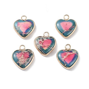 Dyed Synthetic Imperial Jasper Pendants, Brass Heart Charms, Golden, Hot Pink, 19x16x4.5~5.5mm, Hole: 2.7mm