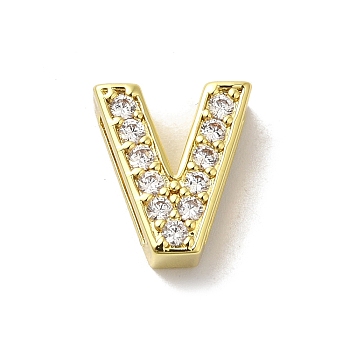 Brass Micro Pave Cubic Zirconia Beads, Lead Free & Cadmium Free, Long-Lasting Plated, Real 18K Gold Plated, Letter V, 12x10.5x5mm, Hole: 9x2mm