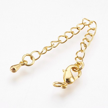 Brass Chain Extender, with 304 Stainless Steel Lobster Claw Clasps, Cadmium Free & Lead Free, Long-Lasting Plated, teardrop, Real 18K Gold Plated, 68~73x3mm, Hole: 2.5mm, Clasps: 10x6x3mm