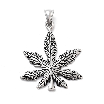 PVD Vacuum Plating 304 Stainless Steel Pendants, Pot Leaf/Hemp Leaf Shape, Antique Silver, 47x39x2.5mm, Hole: 9x5mm