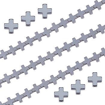 2 Strands Electroplated Non-Magnetic Synthetic Hematite Beads Strands, Faceted, Cross, Black, 10x10x4mm, about 20pcs/strand, 16 inch