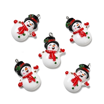 Opaque Resin Pendants, with Platinum Tone Iron Loops, Christmas Theme, Snowman, White, 34x25x7.5mm, Hole: 3mm
