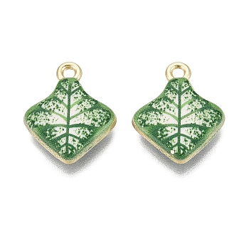 Printed Alloy Pendants, Rack Plating, Leaf Charms, Cadmium Free & Nickel Free & Lead Free, Golden, Medium Sea Green, 19x15.5x3.5mm, Hole: 1.8mm