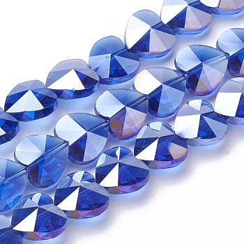 Electroplate Glass Beads, AB Color Plated, Faceted, Heart, Blue, 10x10x6.5mm, Hole: 1mm