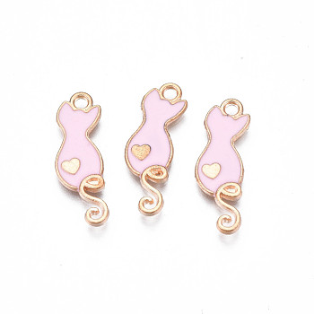 Alloy Enamel Pendants, Cadmium Free & Lead Free, Cat with Heart, Pink, 24.5x8.5x2mm, Hole: 1.8mm
