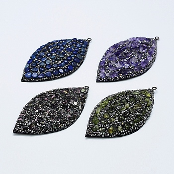 Natural Gemstone Big Pendants, with Polymer Clay Rhinestone, PU Leather Cord and Brass Findings, Leaf, 70~73x38.5x6~7mm, Hole: 2mm