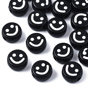 Opaque Acrylic Beads, Flat Round with Smiling Face, Black, 10x4.5mm, Hole: 2mm