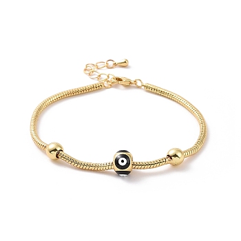 Enamel Evil Eye Round Beaded Bracelet with Brass Round Snake Chains for Women, Cadmium Free & Nickel Free & Lead Free, Real 18K Gold Plated, 6-7/8 inch(17.5cm)