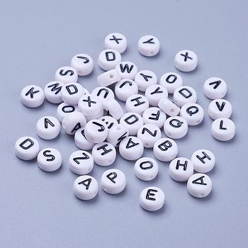 Acrylic Horizontal Hole Letter Beads, Random Mixed Letters, Flat Round, White, 7x4mm, Hole: 1.8mm, about 3500pcs/Bag