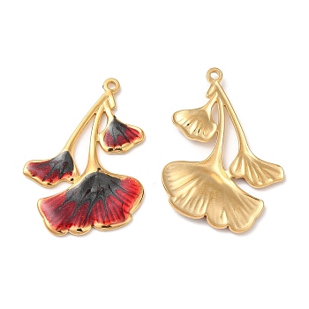 304 Stainless Steel Enamel Pendants, Real 18K Gold Plated, Ginkgo Leaf Charm, Crimson, 32x22.5x2mm, Hole: 1.4mm