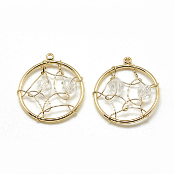 Brass Pendants, with Glass Beads, Flat Round with Web, Real 18K Gold Plated, Clear, 20.5x18x4mm, Hole: 1mm