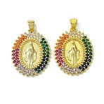 Brass Micro Pave Colorful Cubic Zirconia Pendants, Cadmium Free & Nickel Free & Lead Free, Real 18K Gold Plated, Huamn, Oval, 25.5x20x2.5mm, Hole: 4x3mm(KK-H472-51A-G)