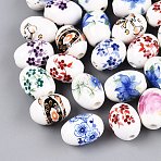 Printed Handmade Porcelain Beads, Famille Rose Porcelain, Barrel with Flower Pattern, Mixed Color, 16.5~17.5x13mm, Hole: 2.5~3mm(PORC-Q007-13C)