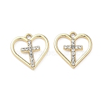Alloy Rhinestone Pendants, Heart & Cross Charms, UV Plating, Golden, 15.5x16x2mm, Hole: 1.6mm(ALRI-D303-04G)