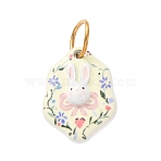 304 Stainless Steel Charms, Hexagon with Rabbit and Flower Charms, Printed, Golden, 15x11x3mm, Hole: 4.5mm(SA-B003-01G-A)