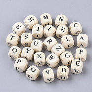 Printed Natural Wood Beads, Horizontal Hole, Cube with Initial Letter, PapayaWhip, Random Mixed Letters, 10x10x10mm, Hole: 3.5mm(X-WOOD-T026-001)