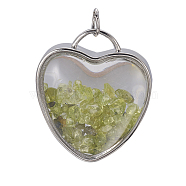 Natural Peridot Chips Pendants, with Platinum Tone Brass Glass Findings, Heart, 37x32x18~18.5mm, Hole: 6mm(G-A176-B08)