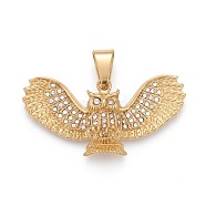 304 Stainless Steel Big Pendants, with Crystal Rhinestone, Owl, Golden, 25x52.5x10.5mm, Hole: 6.5x12mm(STAS-I163-050G)