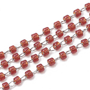 TOHO Japan Import Seed Beads, Handmade Glass Beaded Chains, Soldered, with Stainless Steel Findings, Transparent, Column, Stainless Steel Color, Red, 2mm, about 26.24 Feet(8m)/strand(CHS-S004-02)