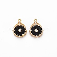 Brass Micro Pave Clear Cubic Zirconia Pendants, with Black Acrylic, Nickel Free, Flat Round, Real 18K Gold Plated, 17x12.5x4mm, Hole: 1mm(KK-S356-677)