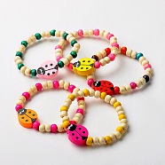 Stretchy Wood Bracelets for Kids, Children's Day Gifts, with Random Color Ladybug Beads, Mixed Color, 45mm(X-BJEW-JB01265)