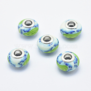 Handmade Polymer Clay European Beads, with Silver Color Plated Brass Cores, Large Hole Beads, Rondelle with Flower Pattern, Turquoise, 13~16x8~11mm, Hole: 4.5~5mm(CLAY-K002-A41)