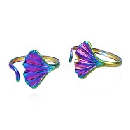 304 Stainless Steel Leaf Cuff Ring, Rainbow Color Open Ring for Women, US Size 9(18.9mm)(RJEW-N038-051)