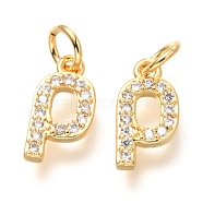 Brass Micro Pave Cubic Zirconia Charms, with Jump Rings, Greek Alphabet, Real 18k Gold Plated, Letter.R, 12x6.5x1.8mm, Jump Ring: 5x0.85mm, Hole: 3.3mm(ZIRC-O037-24G)