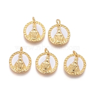 Brass Pendants, with Shell and Jump Rings, Flat Round with Virgin Mary, Golden, 14x2mm, Hole: 3mm(KK-I656-31G)