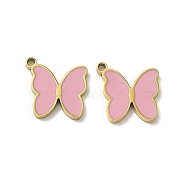 Ion Plating(IP) 316L Surgical Stainless Steel Charms, with Enamel, Real 18K Gold Plated, Butterfly Charm, Pink, 12x11.5x1.5mm, Hole: 1.4mm(STAS-D035-06G-01)