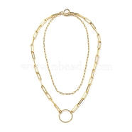 Brass Paperclip Chain Double Layer Necklaces, with 304 Stainless Steel Toggle Clasps, Ring, Golden, 13.97 inch(35.5cm)(NJEW-JN03054)
