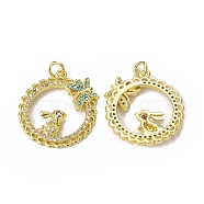 Brass Micro Pave Cubic Zirconia Pendants, with Jump Ring, Lacy Ring with Rabbit & Butterfly Charm, Golden, 24x22x3mm, Hole: 3mm(KK-E068-VB006)