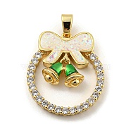 Christmas Brass Micro Pave Cubic Zirconia Pendant, with Enamel and Synthetic Opal, Christmas Wreath, Seashell Color, 25.5x22.5x5.5mm, Hole: 5x3mm(KK-H468-01A-01G)