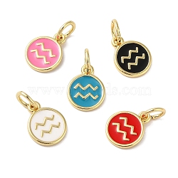 Real 18K Gold Plated Brass Enamel Charms, with Jump Ring, Long-Lasting Plated, Lead Free & Cadmium Free, Flat Round with Aquarius Charms, Mixed Color, 10x8x1mm, Hole: 4mm(KK-L216-001G-E)