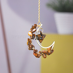 Natural Tiger Eye Chip Wire Wrapped Metal Moon Hanging Ornaments, Gemstone Merkabah Charm for Home Outdoor Decoration, 250mm(PW-WG29186-04)