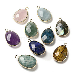Natural Mixed Gemstone Faceted Pendents, Brass Egg Charms, Light Gold, 27.5x17~17.5x7mm, Hole: 2.5mm(G-K354-03KCG)